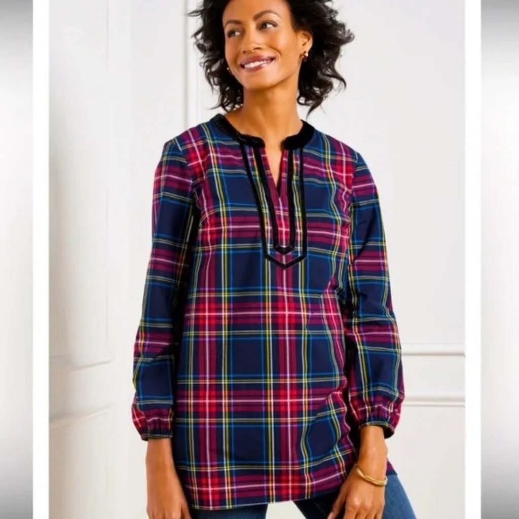 Talbots Split Neck Tunic Blouse In Cabin Plaid In Classic Red Multi Size M Euc